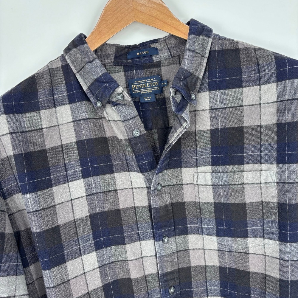 Pendleton Mason Plaid Flannel Button Down Shirt Mens XXL Gray Blue Heritage FLAW